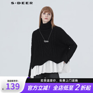 sdeer圣迪奧冬季保暖舒適女裝通勤加厚無扣個(gè)性高領(lǐng)落肩拼接毛衣S20483505 黑色/91 XL 175