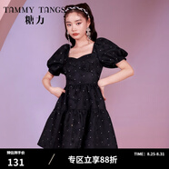 糖力【商場(chǎng)同款】春夏新款甜美泡泡袖方領(lǐng)露背燙鉆提花連衣裙女 黑色 XS
