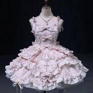 芙蝶之心Lolita掛脖蝴蝶結連衣裙甜美洋裝50-70%麻質(zhì)18-25歲少女 粉色-吊帶款（送拖尾+玫 瑰花+蝴蝶結） M