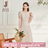 經(jīng)典故事（JANE STORY）溫柔法式碎花連衣裙女夏季2025新款高端氣質(zhì)裙子泡泡袖V領(lǐng)茶歇裙 U13杏紅花 XL