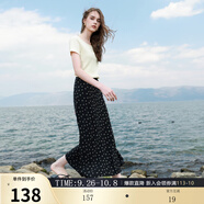 三彩2025夏季新款碎花半身裙斜裁A字裙松緊腰魚(yú)尾裙浪漫長(cháng)裙M 漆黑色花卉 S 155/64A