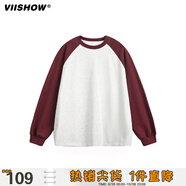 viishow撞色插肩袖長袖T恤男2025春季新款簡約日系男生重磅純棉打底上衣 酒紅色 S