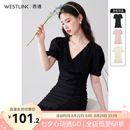 西遇V領(lǐng)泡泡袖連衣裙女2024年早夏新款法式褶皺收腰修身包臀裙子七夕 黑色 M