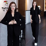 啄木鳥(niǎo)大碼女裝西裝套裝春秋季胖妹妹寬松顯瘦休閑西服外套闊腿褲三件套 黑色(黑T+外套+褲子) XL 【建議115-130斤】