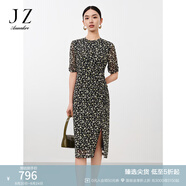 玖姿·安娜蔻輕熟設計感側開(kāi)叉印花抽繩茶歇裙連衣裙女2024夏款 花黑 2XL