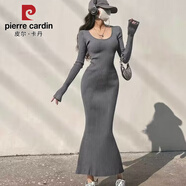 皮爾卡丹秋冬歐美針織連衣裙女甜辣妹修身緊身打底魚尾毛衣包臀超長裙子 灰色 均碼 85-130斤