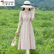 啄木鳥(niǎo)品牌折扣店商場(chǎng)撤柜女收腰亞麻字長(cháng)裙覆古碎花七分袖棉麻洋裝 圖片色 (少量) L 【建議90-105斤】