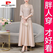 皮爾卡丹200斤大碼喜婆婆婚宴裝新中式國風(fēng)長(cháng)袖媽媽連衣裙女洋氣裙子 香檳色 XL 【建議110-120斤】高品質(zhì)