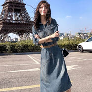 新款牛仔裙連衣裙中長(cháng)款2025春秋韓版時(shí)尚收腰顯瘦過(guò)膝長(cháng)裙子潮 103#送皮帶 XL 碼120-130 斤