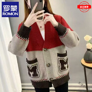 羅蒙（ROMON）羊毛絨針織毛衣外套女秋冬季新款V領(lǐng)韓版寬松大碼顯瘦羊毛開(kāi)衫 100%純羊毛-紅色-女裝十大品牌 S 80-95斤