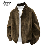 JEEP SPlRlT美式復古麂皮絨立領(lǐng)皮夾克男戶(hù)外防風(fēng)防水機車(chē)外套高級感棒球服潮 咖啡色【春秋款】 3XL