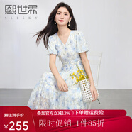 熙世界sllsky南法假日碎花連衣裙2025夏季新款浪漫復古收腰V領(lǐng)長裙子 白底藍花 L