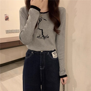 珞妮純棉撞色長(cháng)袖T恤女2025新款修身早秋季打底衫時(shí)尚減齡洋氣上衣女 灰色(動(dòng)物圖案) XL 建議120-135斤
