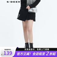 sdeer圣迪奧冬季休閑時(shí)尚女裝自然腰無(wú)彈力時(shí)尚個(gè)性字母印花褶裥拼接A字毛呢短裙S20461301 黑色/91 M/165