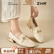 ZHR單鞋女英倫風舒適方頭樂福鞋女兩穿粗跟透氣皮鞋女 K196 米色 39