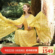 VOA輕盈喬其桑蠶絲圓領(lǐng)飛飛袖立體褶裥收腰原創(chuàng)個性真絲連衣裙AE2092 左岸黃花（E84） S
