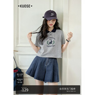 闊色（kuose）美式兔子短袖純棉T恤女2025春夏季新款灰色polo領(lǐng)短款上衣 灰色 L