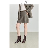 LILY2025冬新款女裝羊毛混紡不對稱(chēng)壓褶腰帶通勤百褶裙半身裙短裙 717卡其 M