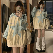 初中女生春裝女式2025秋冬新款高中生絲絨連帽運動衫開衫外套 淺藍色【春秋】 薄款 L