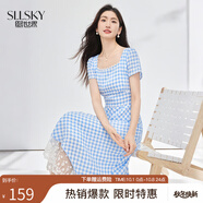 熙世界（sllsky）法式方領(lǐng)藍(lán)白格子連衣裙夏日海邊度假風(fēng)蕾絲拼接掐腰裙子 藍(lán)白格 L