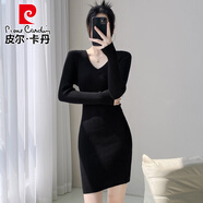 皮爾卡丹（pierre cardin）秋冬季打底針織連衣裙女v領(lǐng)配大衣內搭毛衣裙緊身小個(gè)子包臀短裙 黑色 M 100-110斤