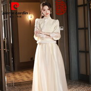 皮爾卡丹（pierre cardin）中式伴娘服2025新款姐妹團閨蜜裝禮服復古連衣裙平時(shí)可穿冬季 葉片立領(lǐng)蕾絲袖 XL 建議105-110斤