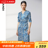 藍(lán)地（LANDI）商場(chǎng)同款夏季新款腰部抽褶碎花印花短袖連衣裙女 淺藍(lán)色 M