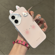 vivo粉KT表情耳朵支架適用蘋果16promax手機殼華為Pura80新款mate70榮耀400保護套vivos30可愛女OPPOre 彩銀IMD-月光銀【YQ粉底kt貓小表情+耳朵公仔 華為_P3