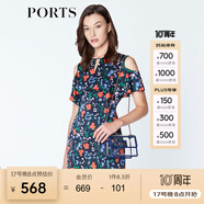 PORTS寶姿商場同款新品女裝優(yōu)雅紅花藍(lán)屋露肩連衣裙LN8D131HPT037 丈青印花 M (6)