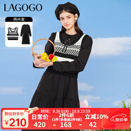 LAGOGO氣質(zhì)兩件套條紋背心泡泡袖連衣裙拉谷谷春秋新品氣質(zhì)連衣裙 黑色(W1) S