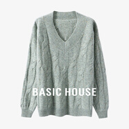 Basic House/百家好V領(lǐng)麻花毛衣2025秋冬針織下擺束口套頭上衣女 豆綠 均碼