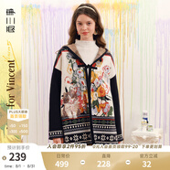 兩三事梵高文藝 入夜賞花 2024冬季新款流蘇下擺花色連帽毛衣外套女 黑色-y L