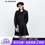 S.DEER圣迪奧春季女裝時(shí)尚百搭系帶網(wǎng)紗百褶襯衫連衣裙S231Z1282 黑色/91 S (160)