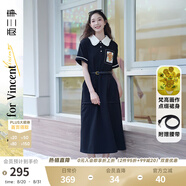 兩三事梵高文藝 梵花遺夢 2025夏季新款印花布拼接撞色翻領(lǐng)連衣裙 黑色  S