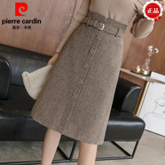 皮爾卡丹（pierre cardin）新款格子毛呢中長(cháng)裙高腰顯瘦千鳥(niǎo)格半身裙大碼ins風(fēng)a字裙女 保暖皮帶千鳥(niǎo)格排扣中長(cháng)  卡色 S