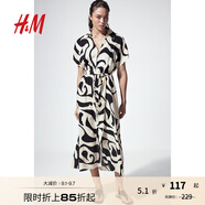 H&M女裝花卉連衣裙秋季通勤氣質(zhì)腰部系帶襯衫式短袖連身裙1233620 奶油色/圖案 155/80 XS