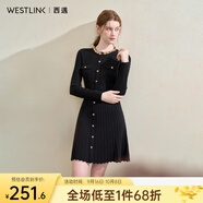 西遇（Westlink）法式水鉆領(lǐng)口小香風針織連衣裙2025秋季單排扣氣質(zhì)通勤中長裙 黑色 （預(yù)售9月24日） S (155)