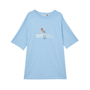 布景（Clothscenery）短袖女夏季寬松中長(zhǎng)款韓版圓領(lǐng)印花棉中袖上衣黑色T恤3002 淺藍(lán)小熊 M