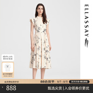 歌力思（ELLASSAY）春夏新款荷葉邊新中式素雅印花長裙垂墜連衣裙女EWB332Y07300 黑花卉 S
