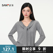 三福毛衣2025秋季綁帶V領(lǐng)蕾絲拼接下擺假兩件上衣女裝507322 淺花灰 M