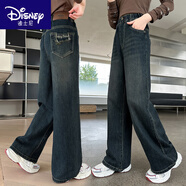 迪士尼女童褲子春秋裝兒童長(cháng)褲大童夏季闊腿褲女孩初中生直筒牛仔褲 雙層口袋春秋款 150 cm