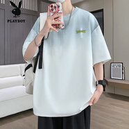 花花公子（PLAYBOY）漸變冰絲薄款短袖t恤男士2025新款寬松半袖青少年潮流酷帥氣上衣 7823淺藍色 M 80-100斤