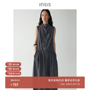 INSISFEMME天絲麻質(zhì)2025夏季抽褶微蕩領(lǐng)繭型長(zhǎng)裙無(wú)袖寬松連衣裙 柏林灰 S