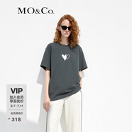 MO&Co.愛心印花圓領(lǐng)短袖寬松純棉T恤美式復(fù)古上衣上裝基礎(chǔ)黑白灰 古堡灰色 XS 155