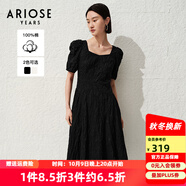 艾諾絲雅詩【商場同款】夏季新品通勤全棉提花方領(lǐng)泡泡袖連衣裙30529018 黑色 M