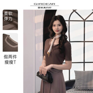 哥弟（GIRDEAR）拼接假兩件撞色修身圓領(lǐng)百搭夏短袖T恤830007 咖色 M (3碼105斤)