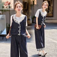 黛芙熙設計感蕾絲連帽單排扣馬甲+闊腿褲女歐洲站2025新款時(shí)尚兩件套 三件套 M