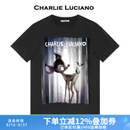 Charlie Luciano小鹿印花黑色寬松休閑T恤明星男女情侶同款圓領(lǐng)短袖男潮牌上衣 黑色 M 170