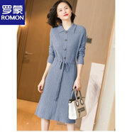 羅蒙（ROMON）官方2026春秋減齡娃娃領(lǐng)收腰系帶中長(cháng)款女純色條紋寬松針織連衣裙 湖藍色 S
