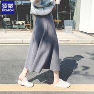 羅蒙針織半身裙女中長款韓版大擺傘裙a字裙松緊高腰顯瘦遮胯毛線裙子 灰色  S 【80斤以下】